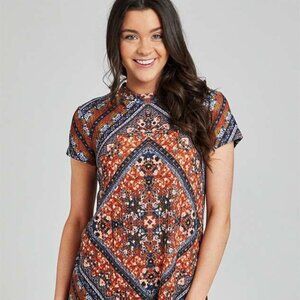 Altar'd State Orange and Blue Patterned Midi Dress